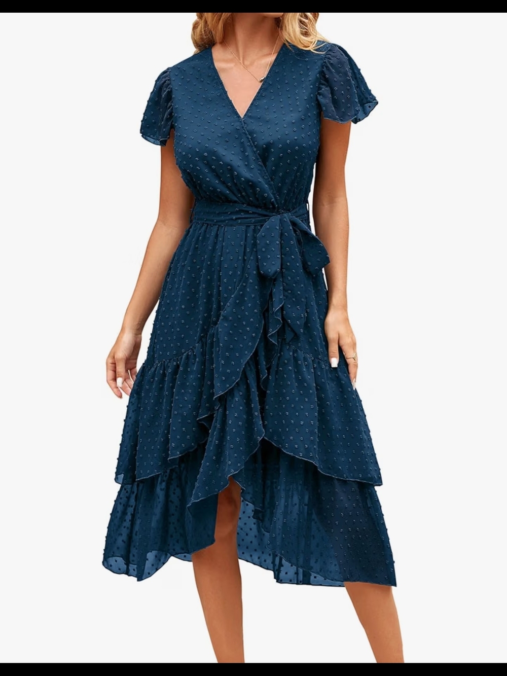 Women's Blue Faux Wrap Ruffle Midi Dress